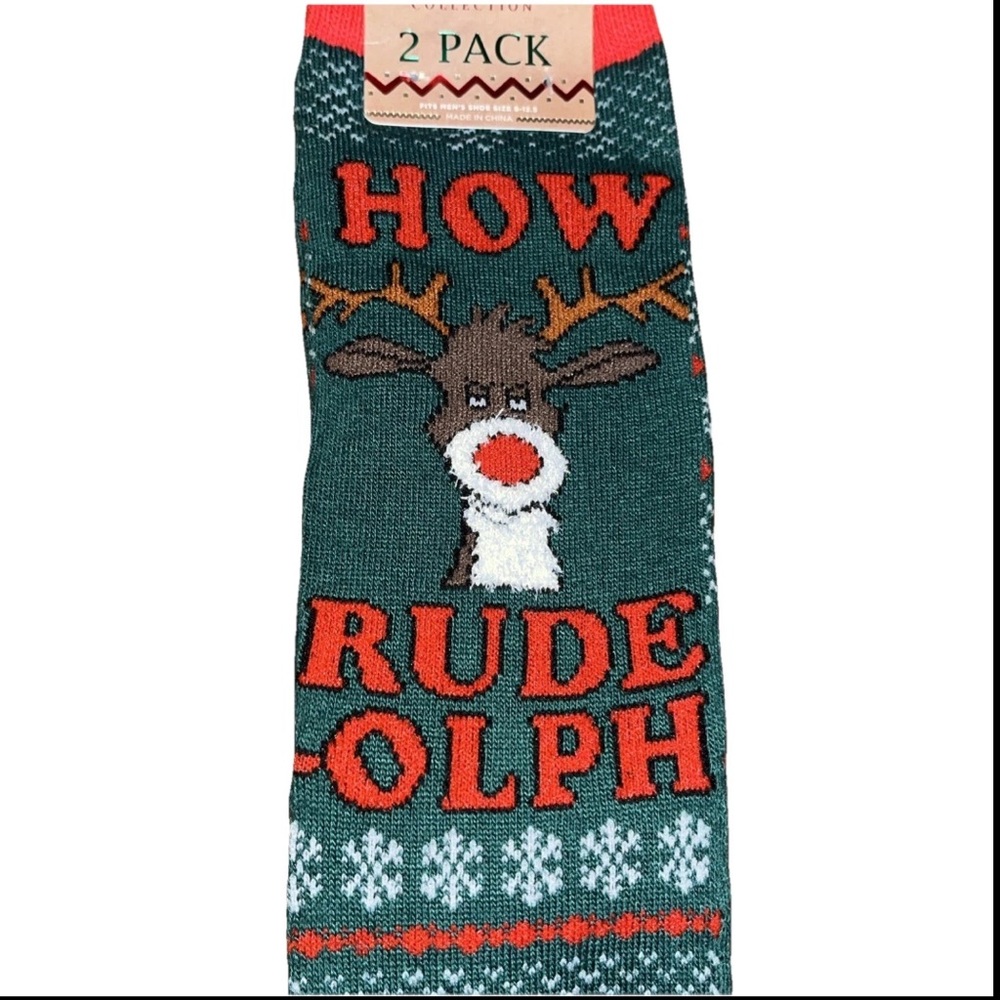 2-Pk Of X-Mas Reindeer Socks & Plaid -Green & Red Mens High Socks “How Rude Off”
